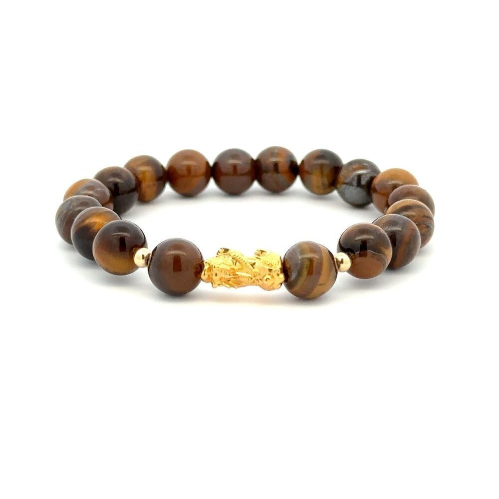18K Gold Dragon Pixiu Piyao Lucky Charm Bead Bracelet Gemstones Tiger's Eye 8mm - Picture 5 of 8